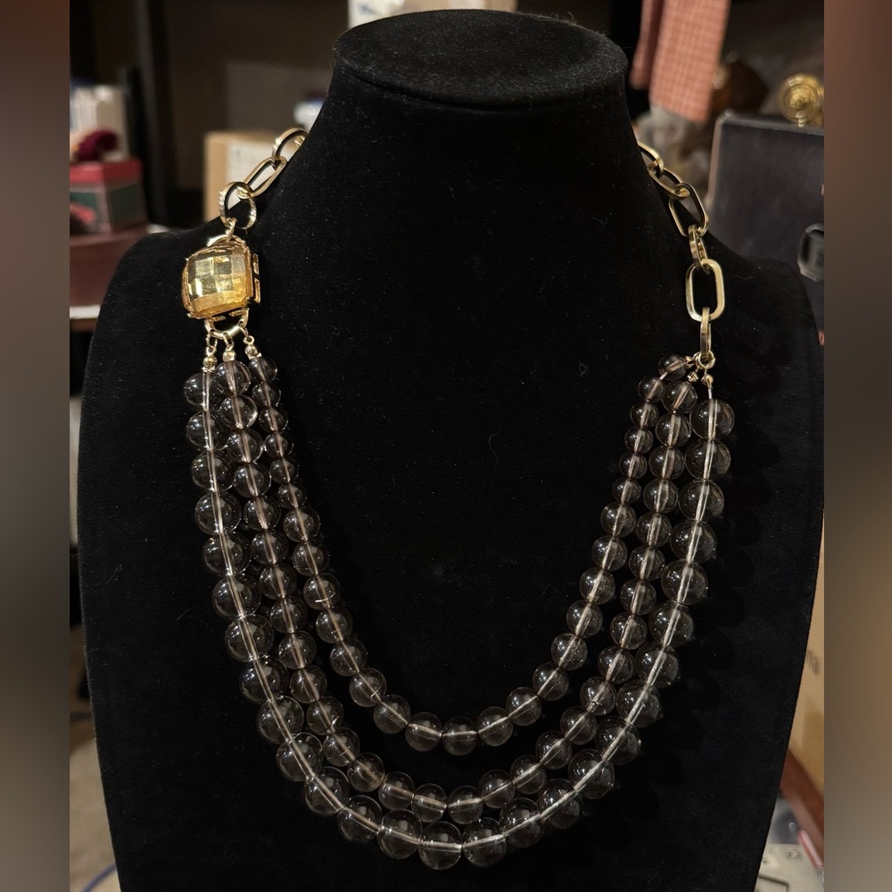 Gold Tone Smoky Color Round Shape 21” glass Beaded Statement Necklace